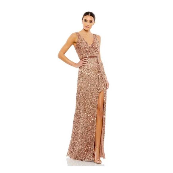 Mac Duggal V-Neck Slit Sequined Wrap Gown Size 4 Rose Copper Prom Dress Wedding - Picture 1 of 16